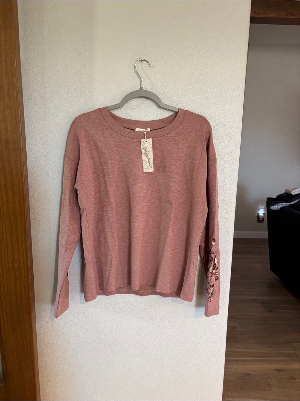Mystree Long-Sleeve Embroidered Sleeve Top - Rose
